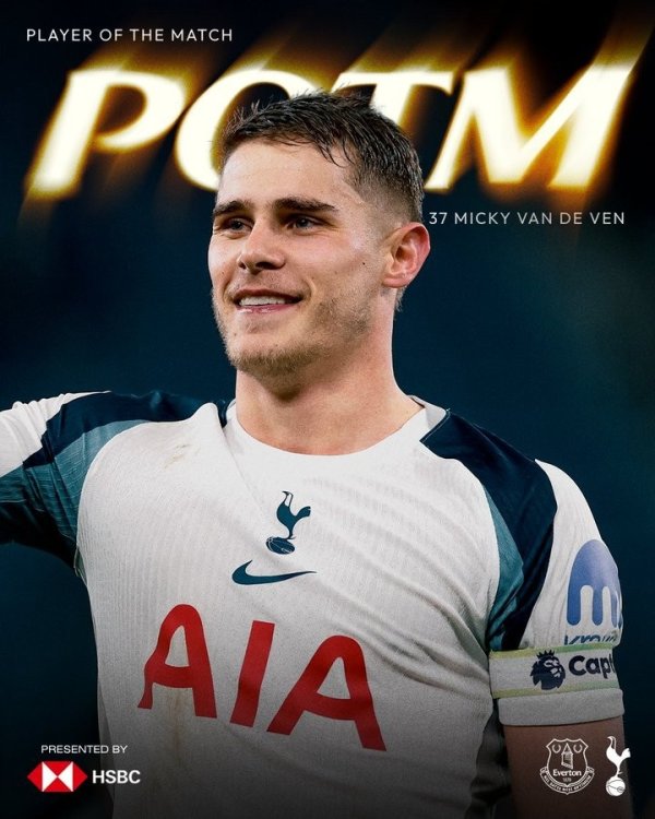 攻防俱佳！热刺官方：范德芬当选为3-0埃弗顿队内最好球员