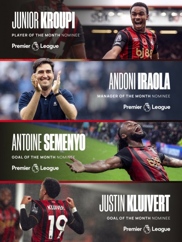 推崇优异！伯恩茅斯入围英超10月最好教练、最好球员、最好进球