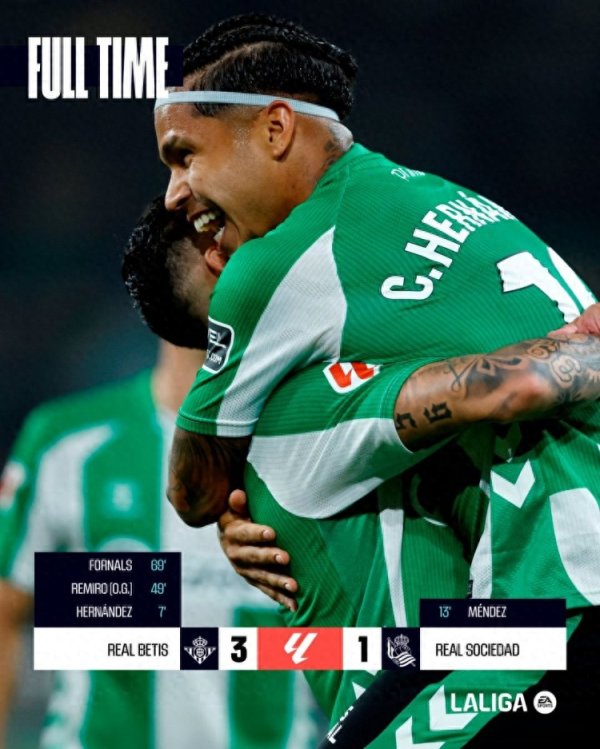 贝蒂斯3-1皇家社会暂居第四 库乔+福尔纳尔斯破门雷米罗乌龙