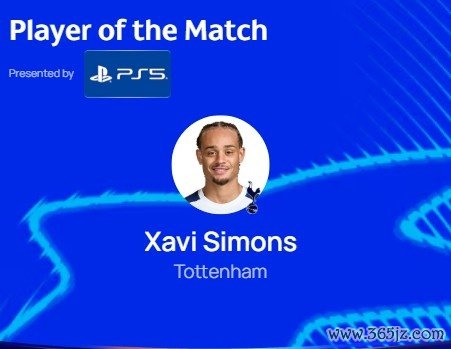1助攻+4要害传球，官方：哈维-西蒙斯当选热刺4-0哥本哈根最好