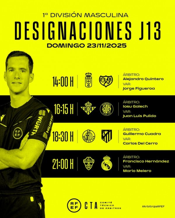 西甲明日比赛裁判安排：F·埃尔南德斯国法埃尔切vs皇马